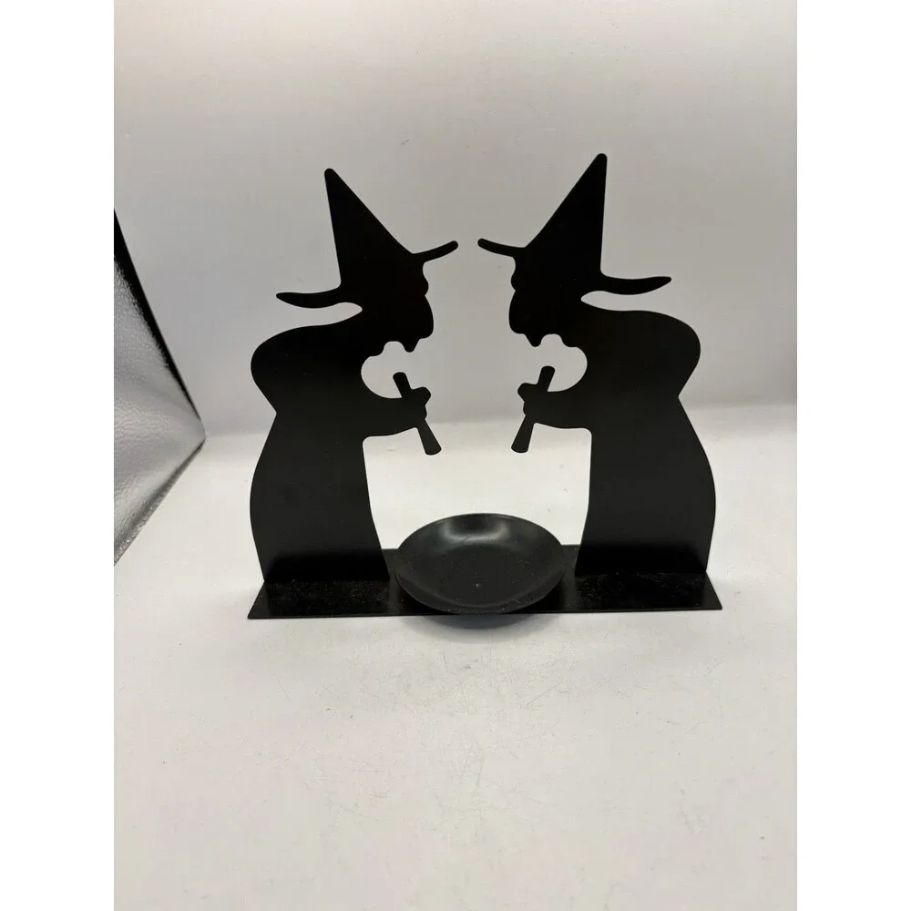 Vintage Halloween Witch Silhouette Candleholder Black Metal 7.5 x 6.5”